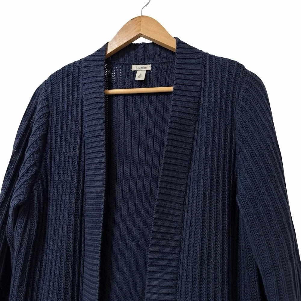 LL Bean Women Shaker Stitch Open Long Cardigan Size M Navy Chunky Knit Cabincore